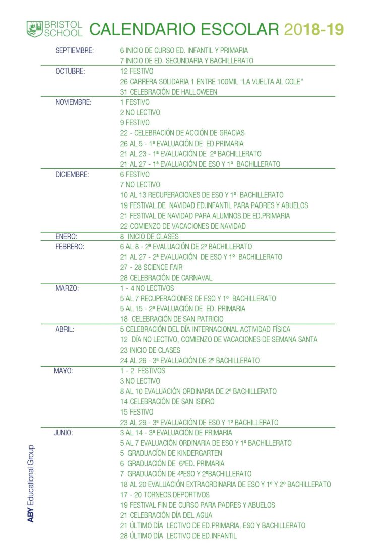Calendario escolar Bristol School